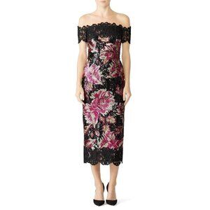 Marchesa Notte Black Floral Sequin Off Shoulder Sheath Dress Women's Size 8